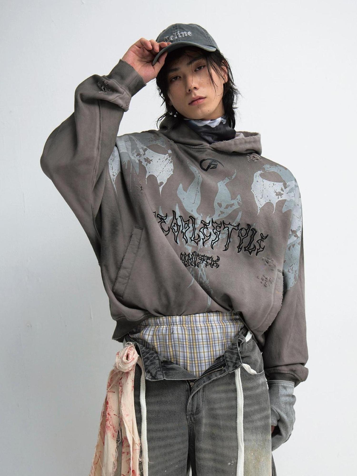 Peoplesense Vintage Washed Embroidered Hoodie Unisex Loose Fit Painterly Style