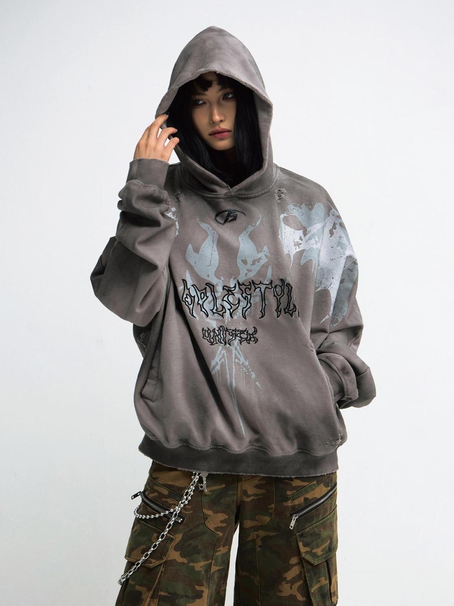Peoplesense Vintage Washed Embroidered Hoodie Unisex Loose Fit Painterly Style