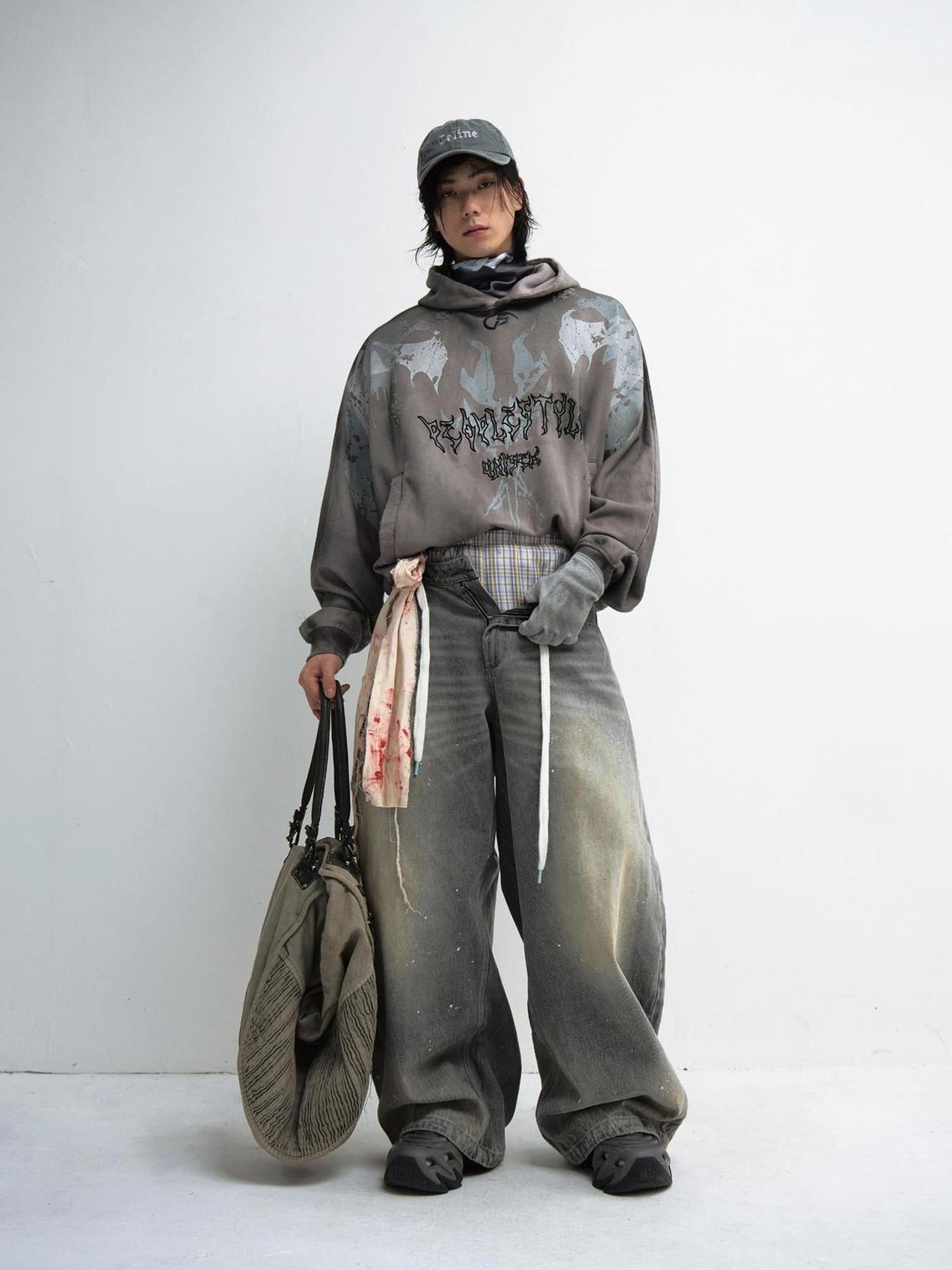 Peoplesense Vintage Washed Embroidered Hoodie Unisex Loose Fit Painterly Style