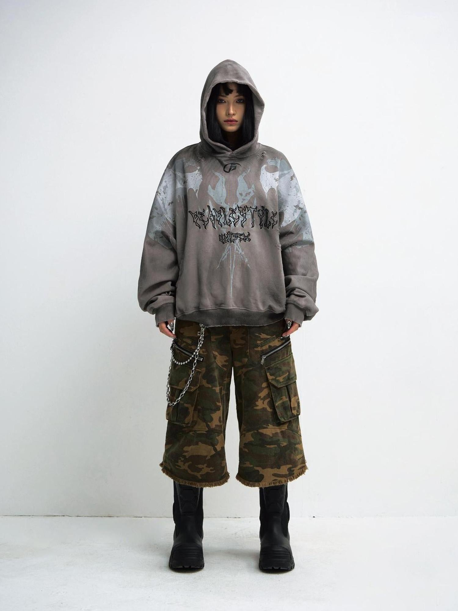 Peoplesense Vintage Washed Embroidered Hoodie Unisex Loose Fit Painterly Style