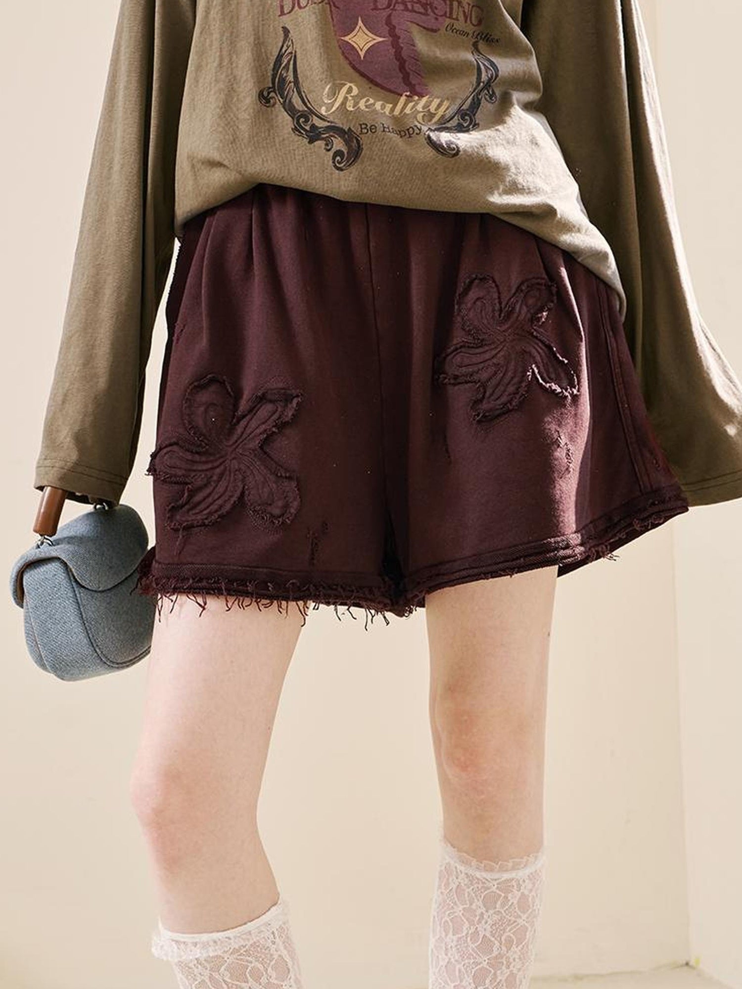 DIDDI MODA Vintage Washed Floral Otton Ounge Horts