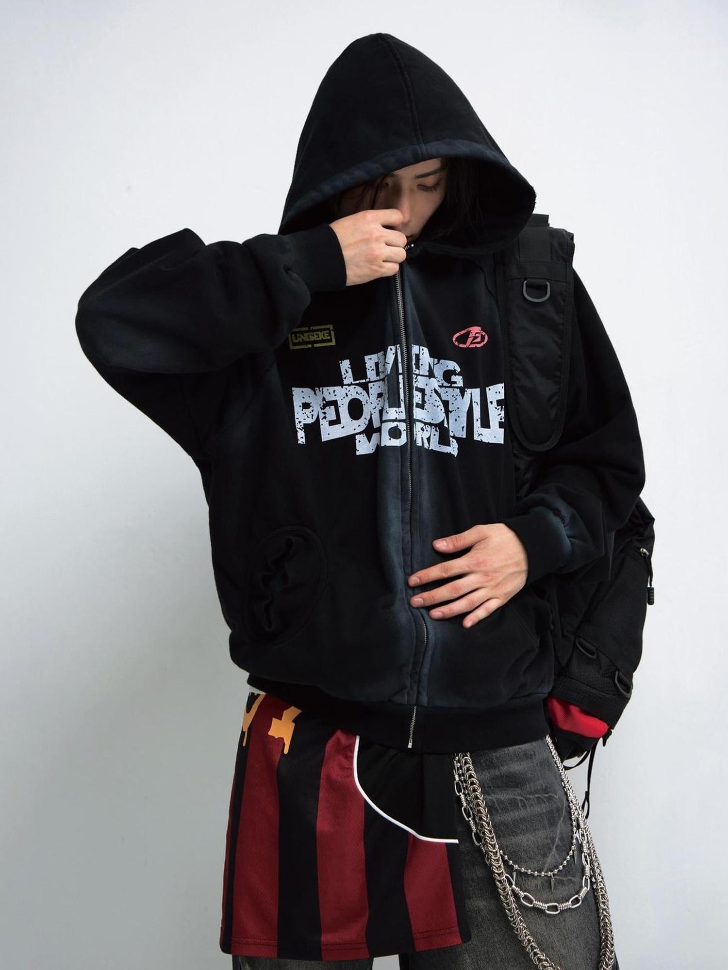 Peoplesense Vintage Washed Gradient Hoodie Distressed Oversized Sweatshirt
