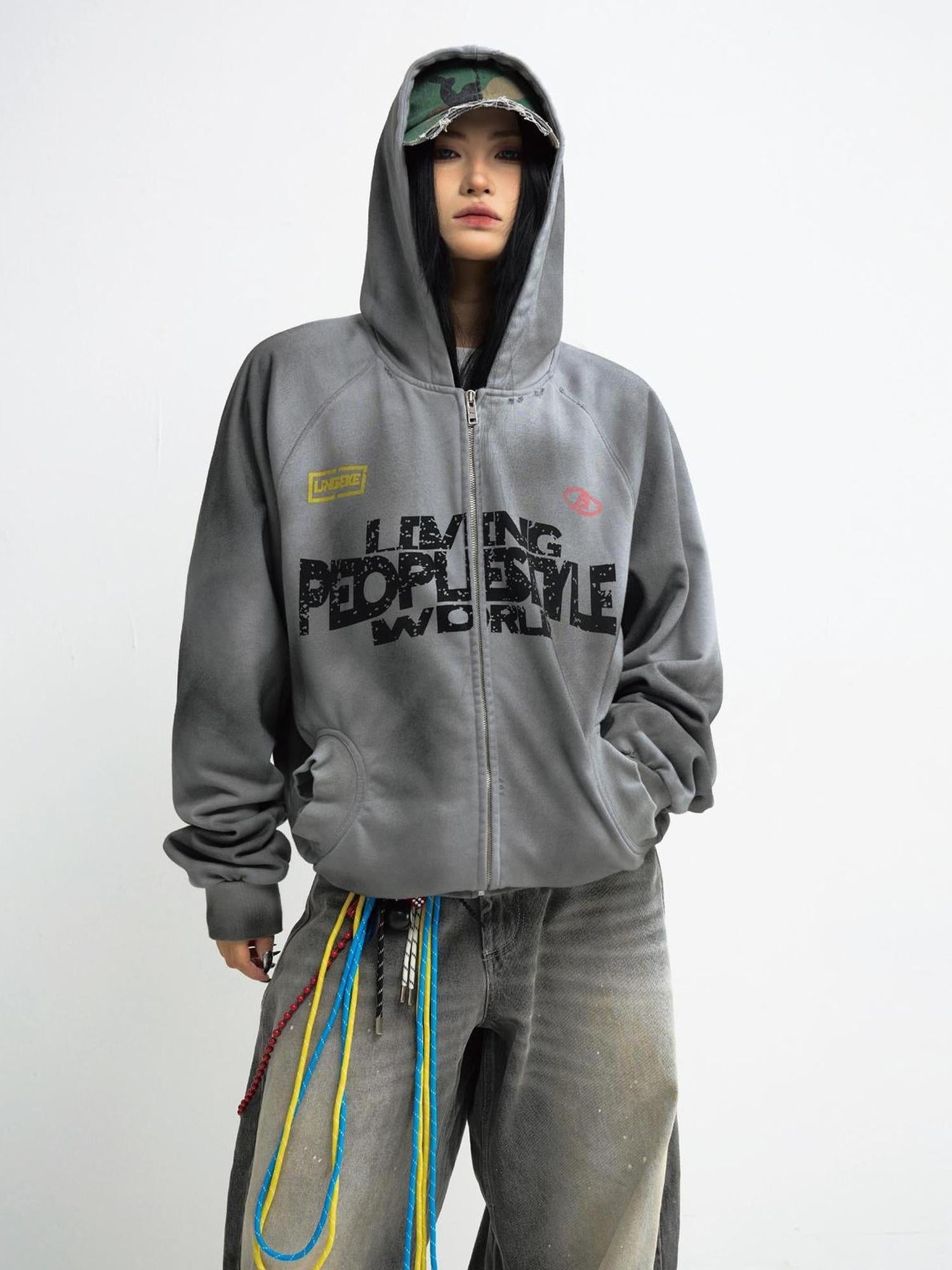 Peoplesense Vintage Washed Gradient Hoodie Distressed Oversized Sweatshirt