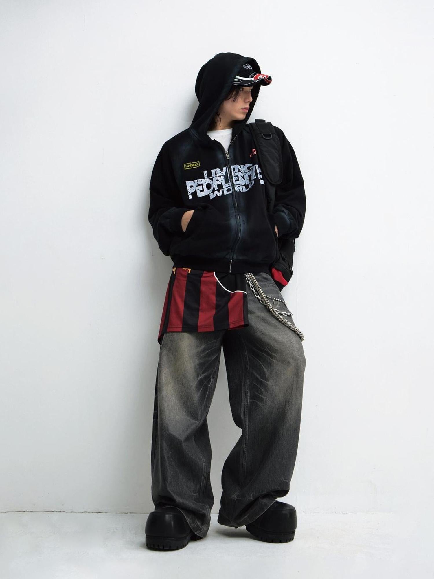 Peoplesense Vintage Washed Gradient Hoodie Distressed Oversized Sweatshirt