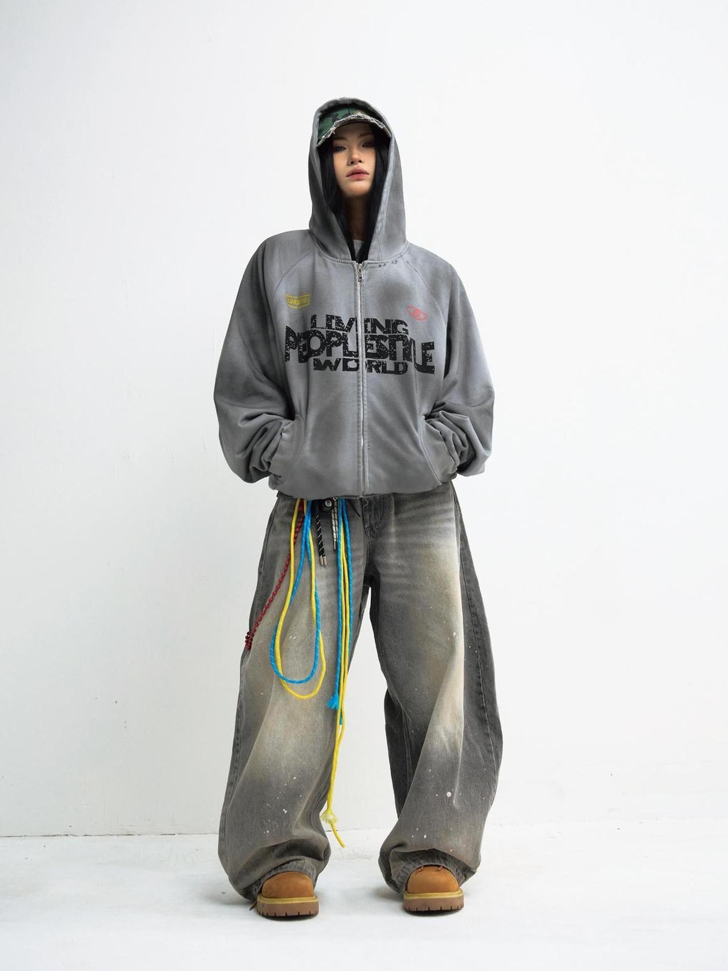 Peoplesense Vintage Washed Gradient Hoodie Distressed Oversized Sweatshirt