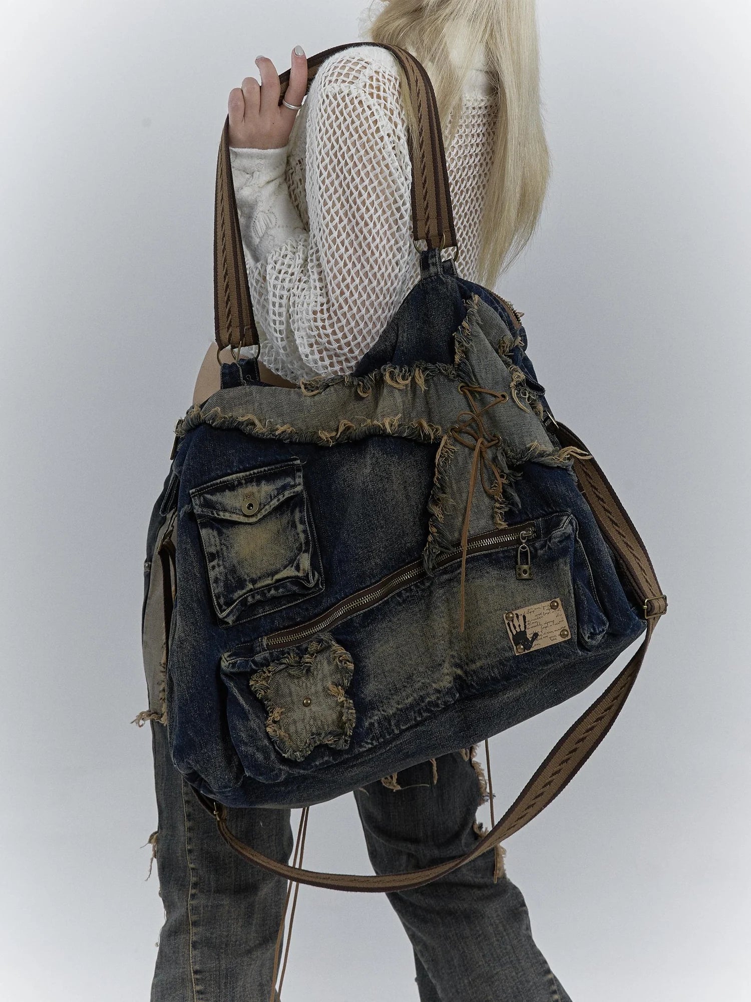 Vintage Washed Heavy Duty Denim Crossbody Shoulder Bag
