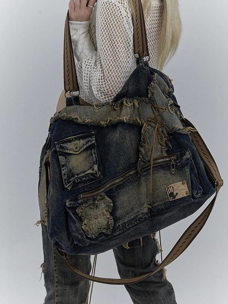 Vintage Washed Heavy Duty Denim Crossbody Shoulder Bag