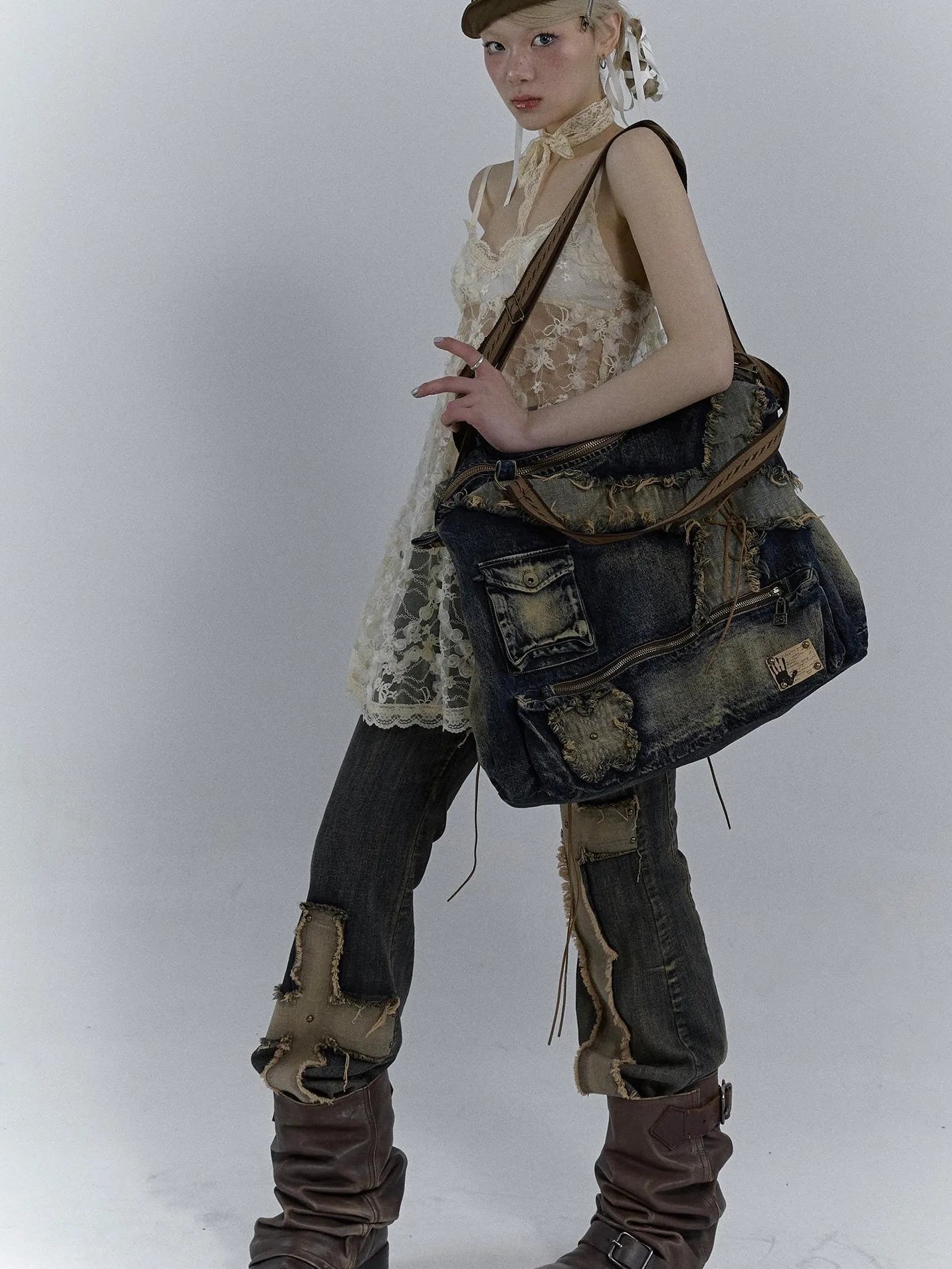 Vintage Washed Heavy Duty Denim Crossbody Shoulder Bag