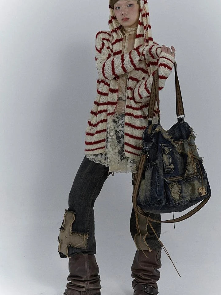 Vintage Washed Heavy Duty Denim Crossbody Shoulder Bag