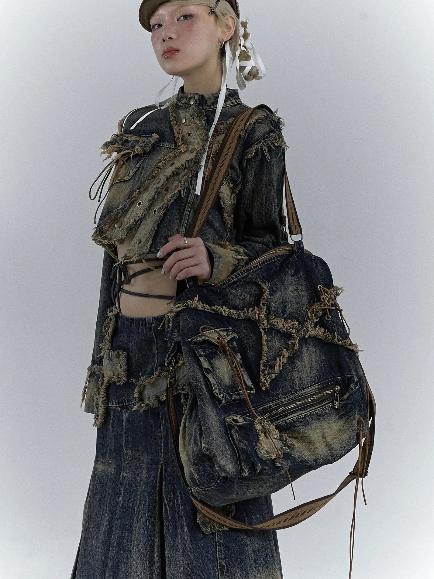 Vintage Washed Heavy Duty Denim Crossbody Shoulder Bag