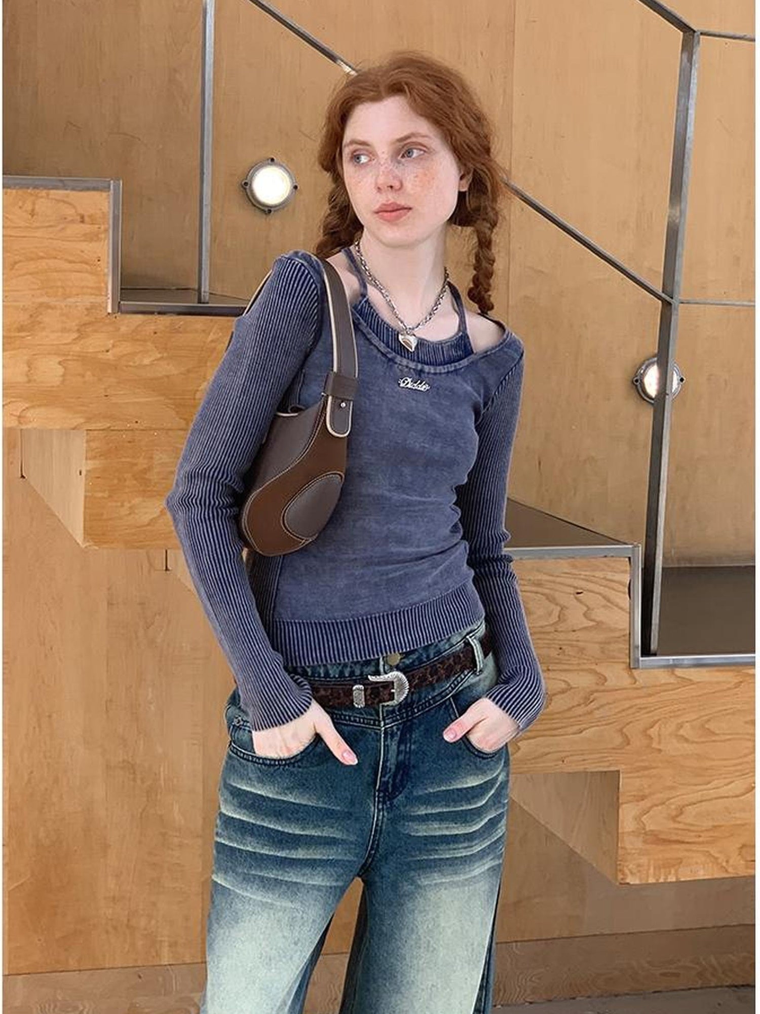 DIDDI MODA Vintage Washed Knit Mock Neck Layered Top
