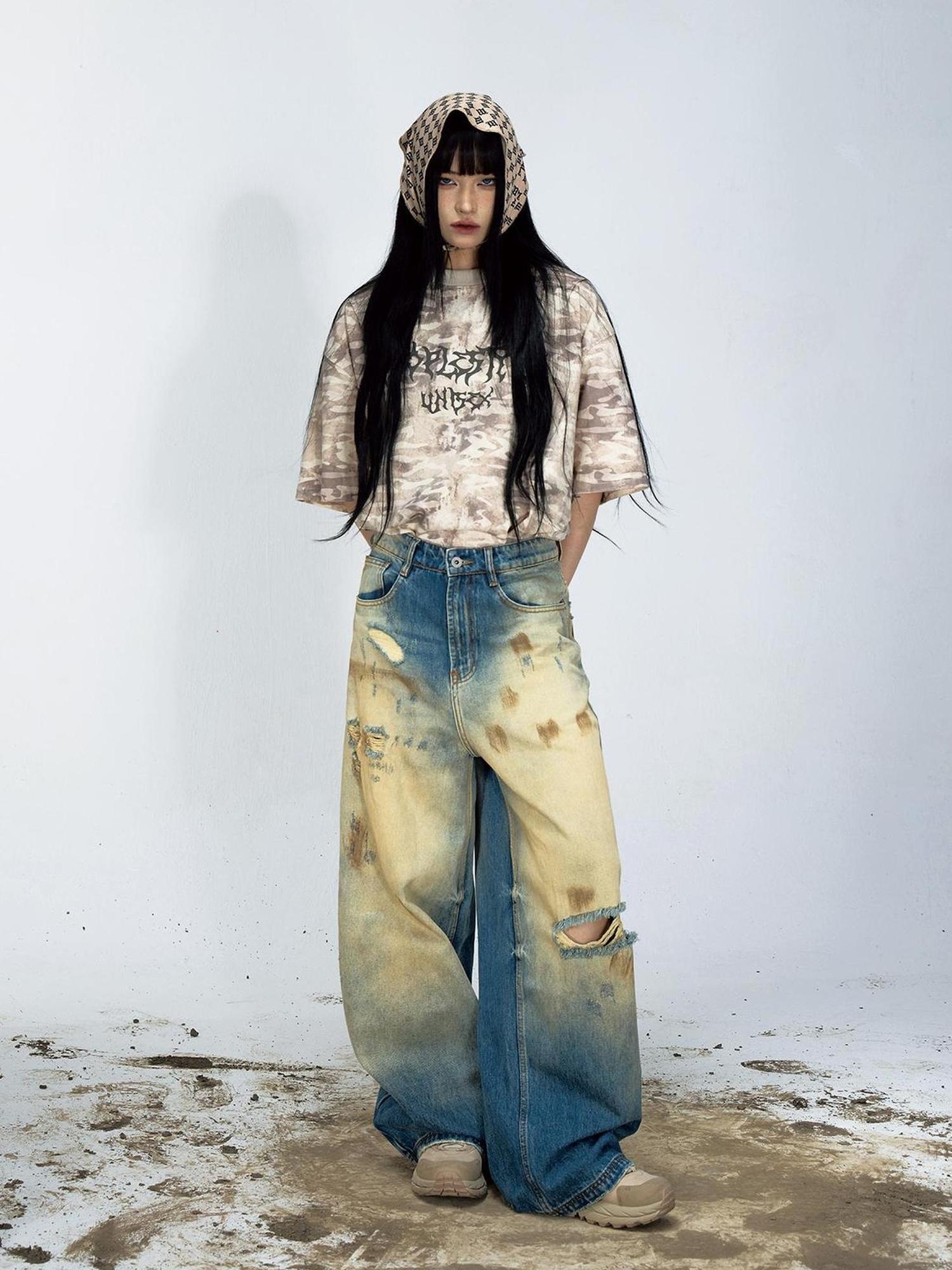 Peoplesense Vintage Washed Loose Blue Jeans Hand Distressed Retro Denim Pants
