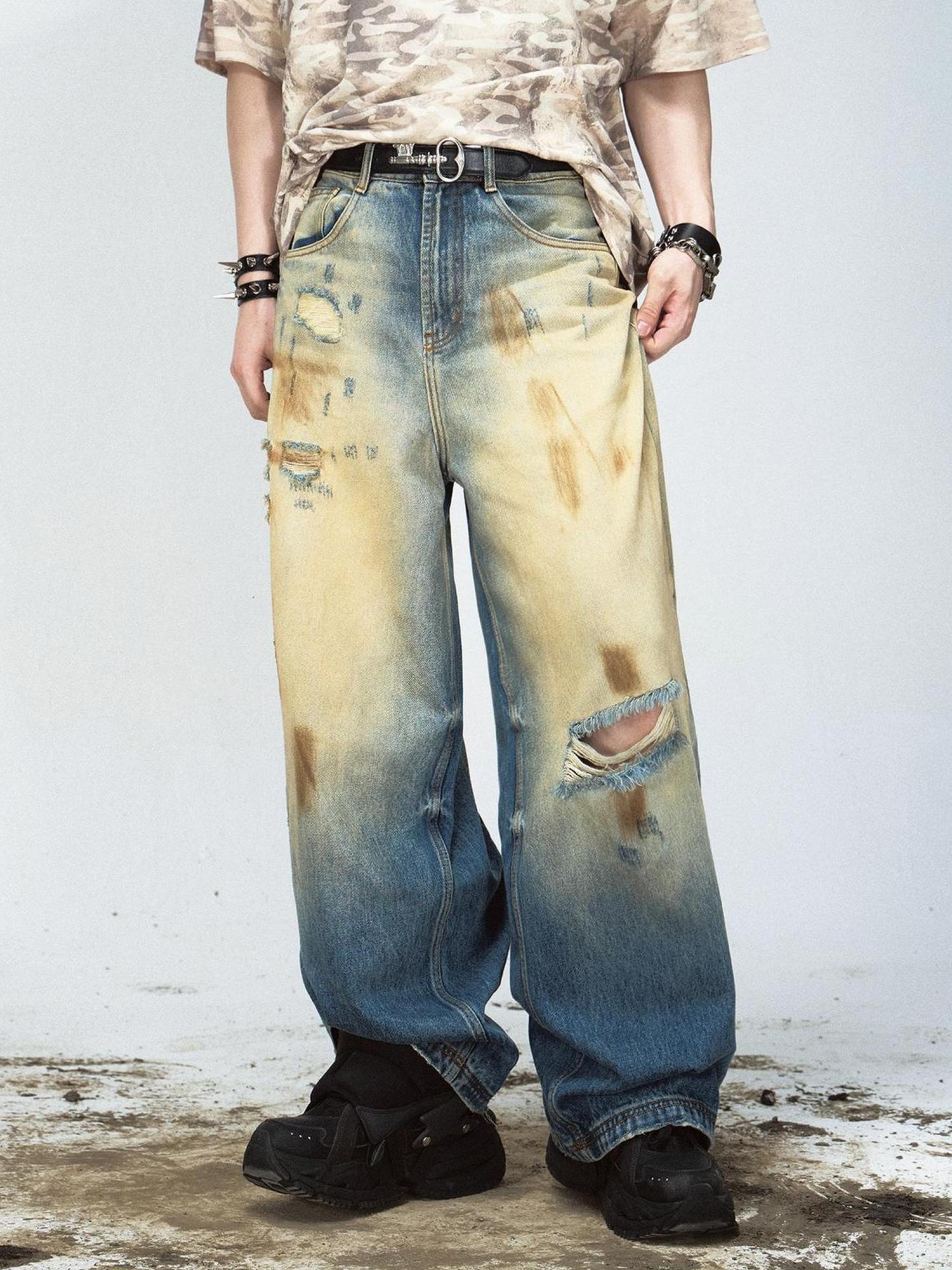 Peoplesense Vintage Washed Loose Blue Jeans Hand Distressed Retro Denim Pants
