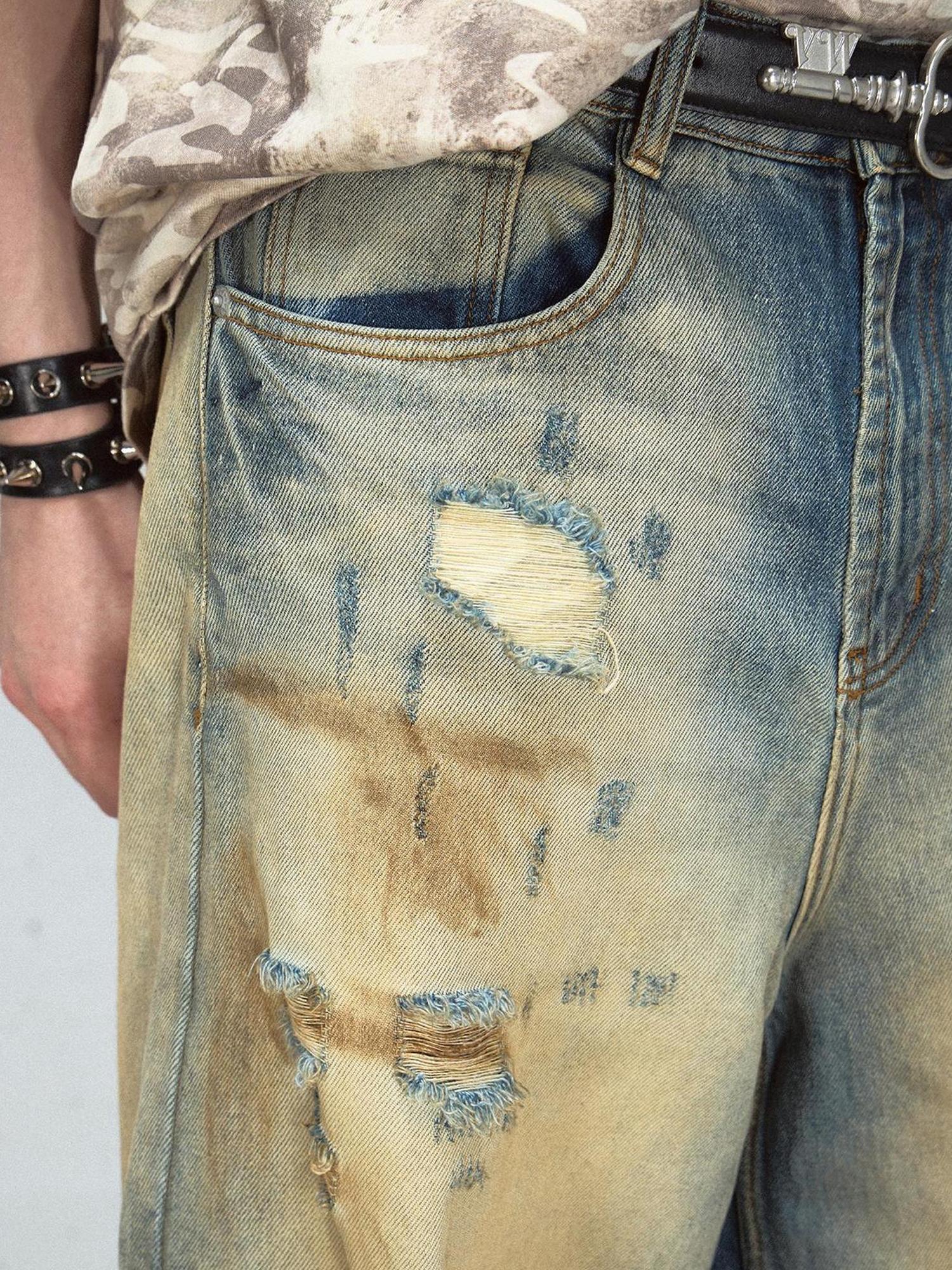 Peoplesense Vintage Washed Loose Blue Jeans Hand Distressed Retro Denim Pants
