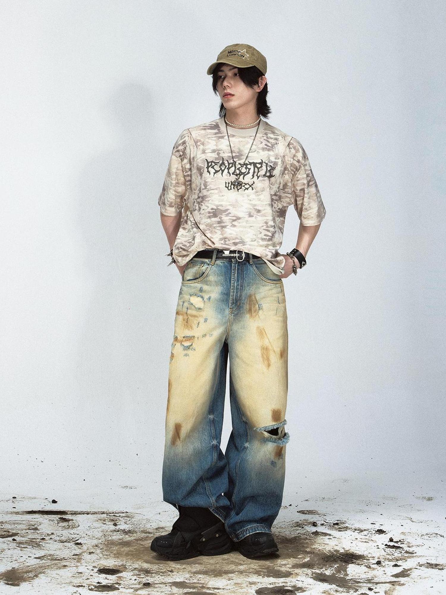 Peoplesense Vintage Washed Loose Blue Jeans Hand Distressed Retro Denim Pants