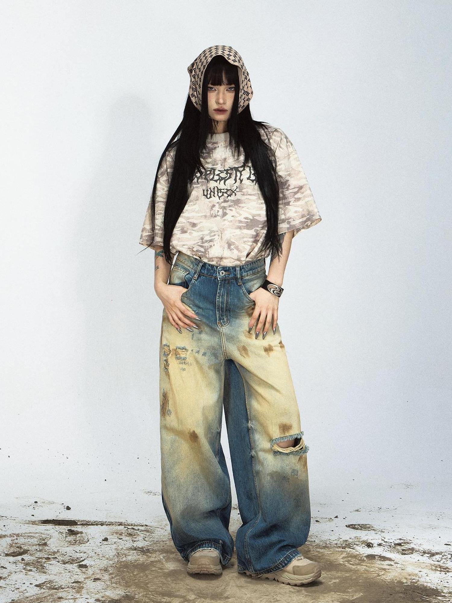 Peoplesense Vintage Washed Loose Blue Jeans Hand Distressed Retro Denim Pants