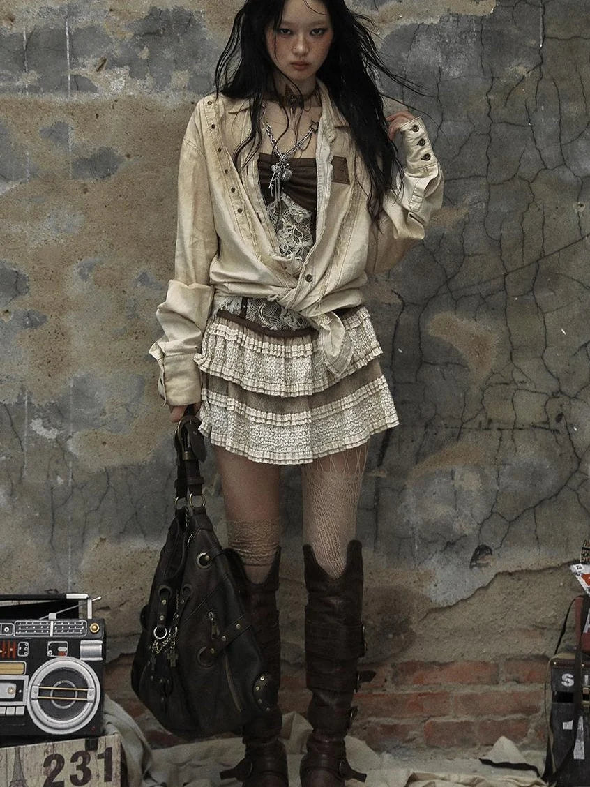 Vintage Washed Punk Loose Cotton Linen Shirt For Women