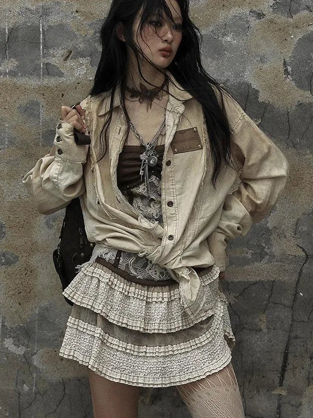 Vintage Washed Punk Loose Cotton Linen Shirt For Women