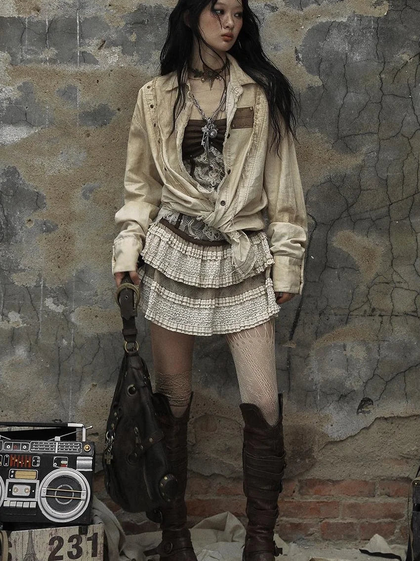 Vintage Washed Punk Loose Cotton Linen Shirt For Women