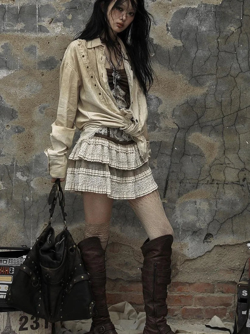 Vintage Washed Punk Loose Cotton Linen Shirt For Women