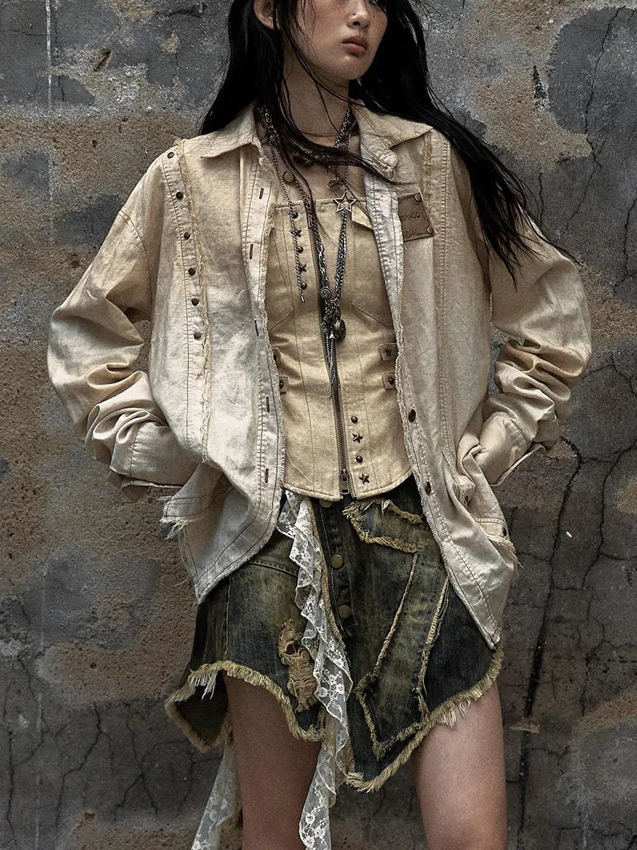 Vintage Washed Punk Loose Cotton Linen Shirt For Women