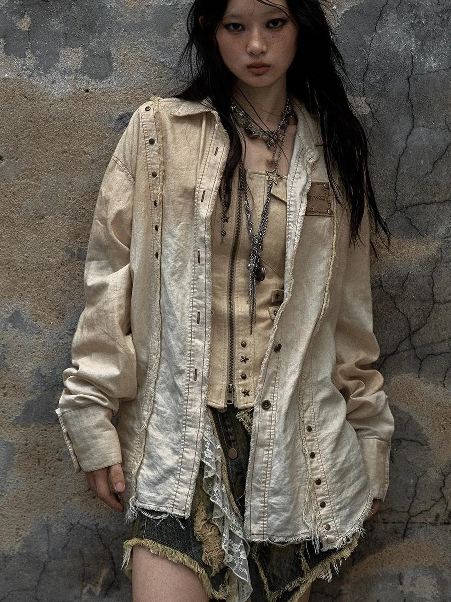 Vintage Washed Punk Loose Cotton Linen Shirt For Women
