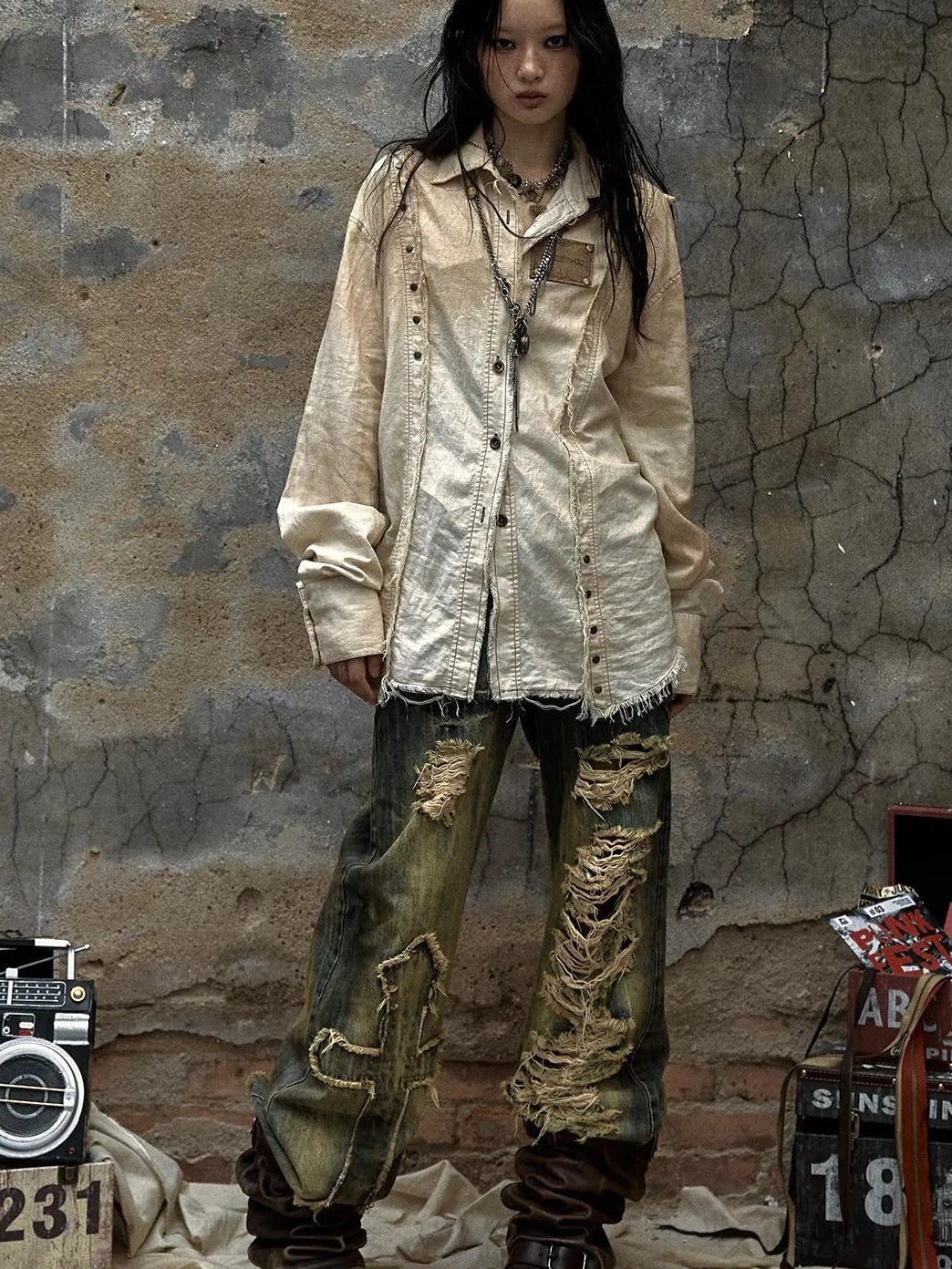 Vintage Washed Punk Loose Cotton Linen Shirt For Women