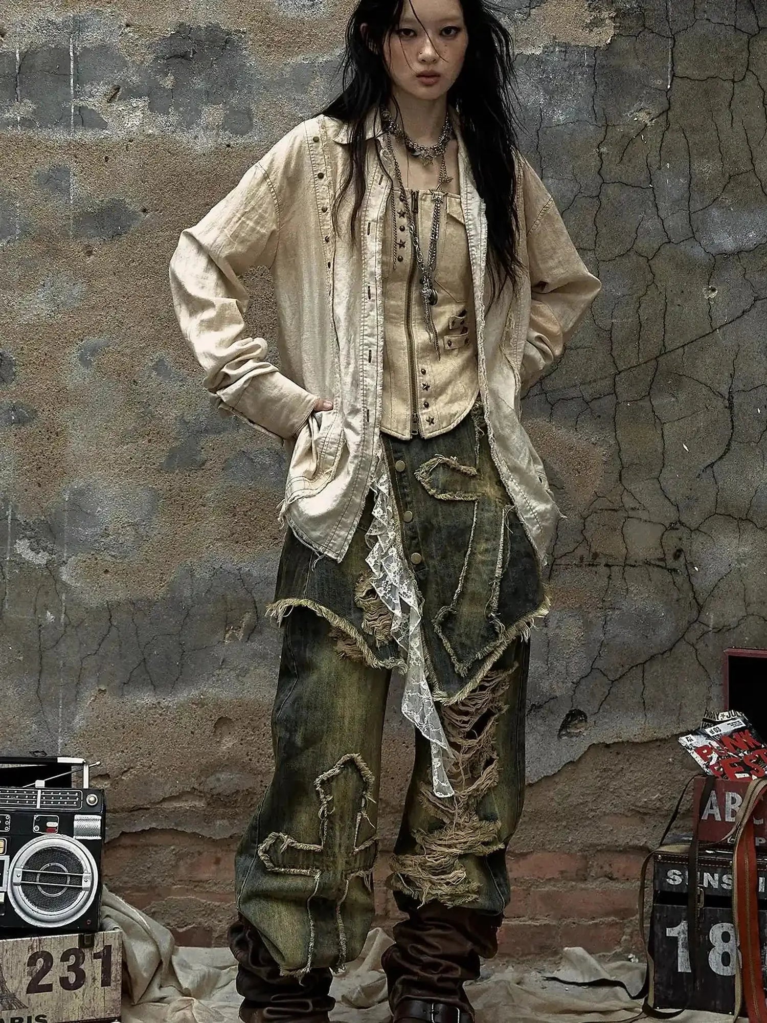 Vintage Washed Punk Loose Cotton Linen Shirt For Women