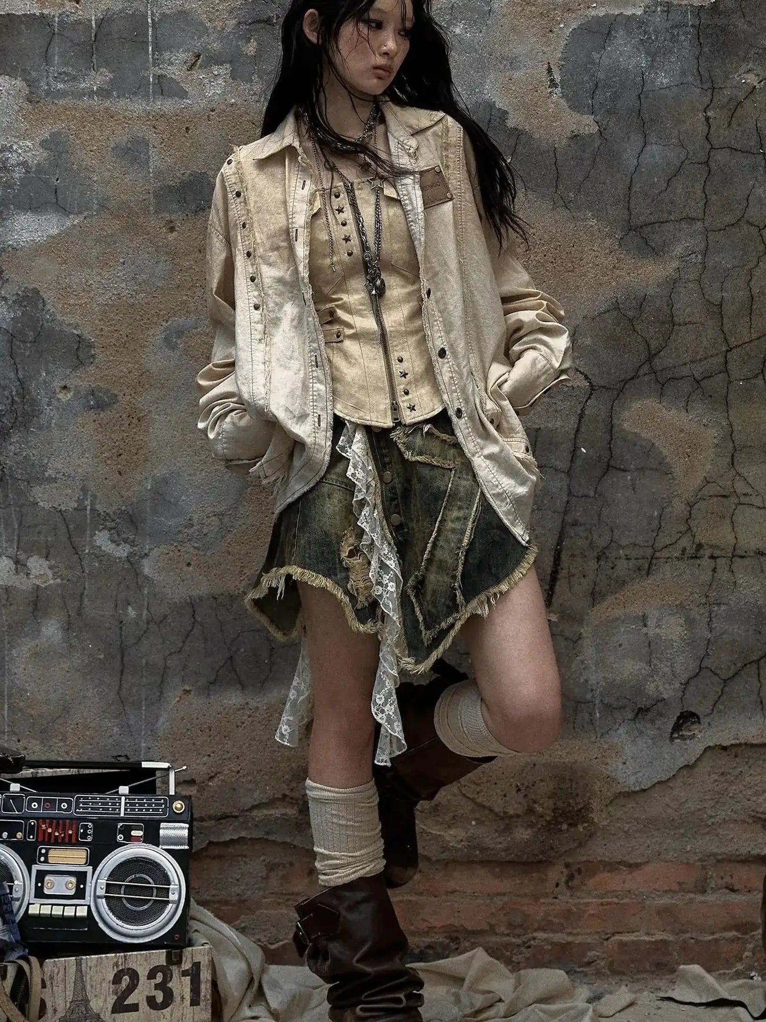 Vintage Washed Punk Loose Cotton Linen Shirt For Women