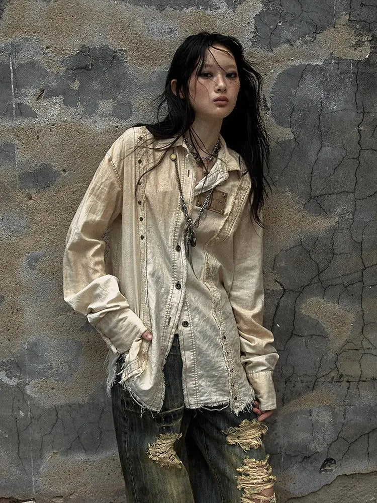 Vintage Washed Punk Loose Cotton Linen Shirt For Women