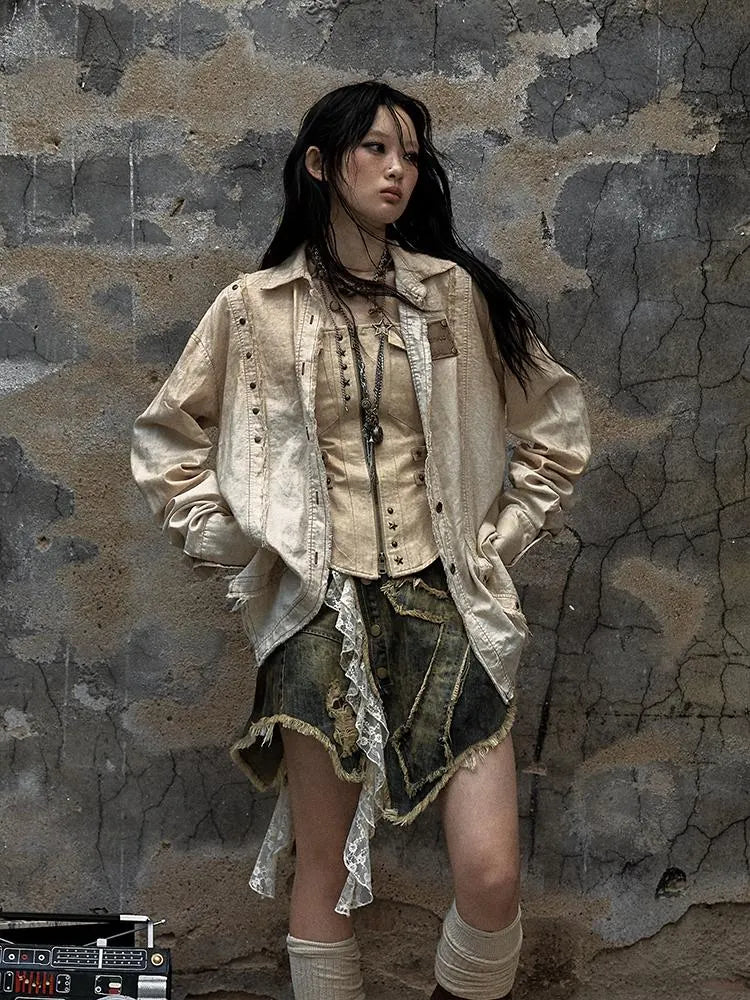 Vintage Washed Punk Loose Cotton Linen Shirt For Women