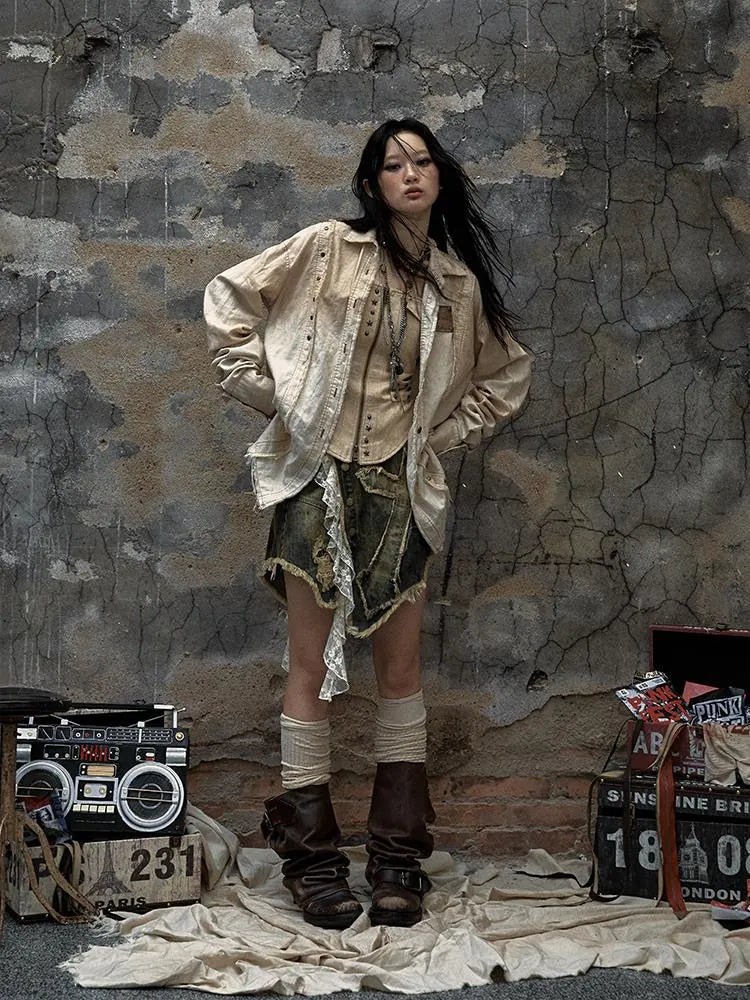 Vintage Washed Punk Loose Cotton Linen Shirt For Women