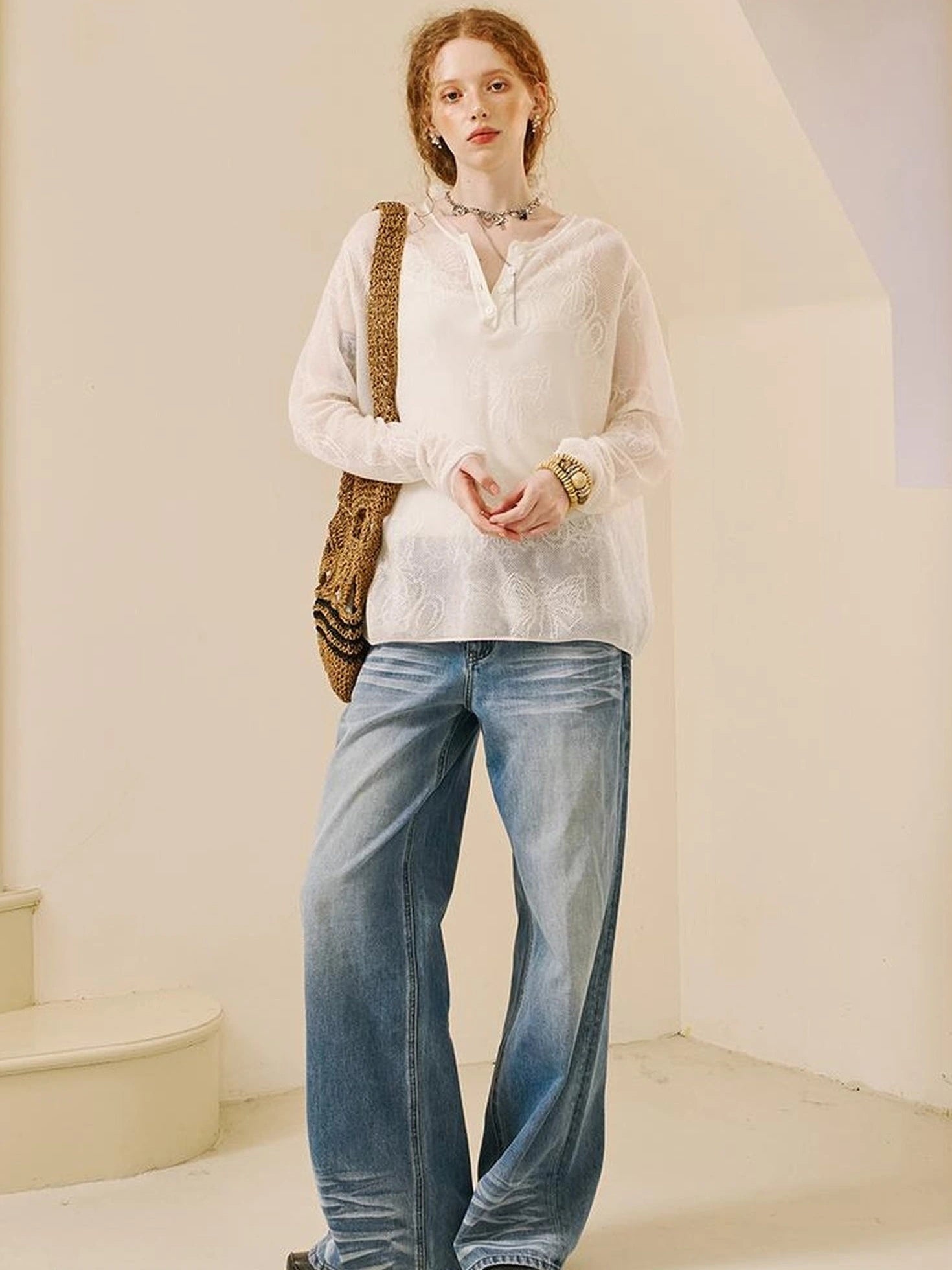 Vintage Washed Straight Jeans With 3 D Whisker Embroidery