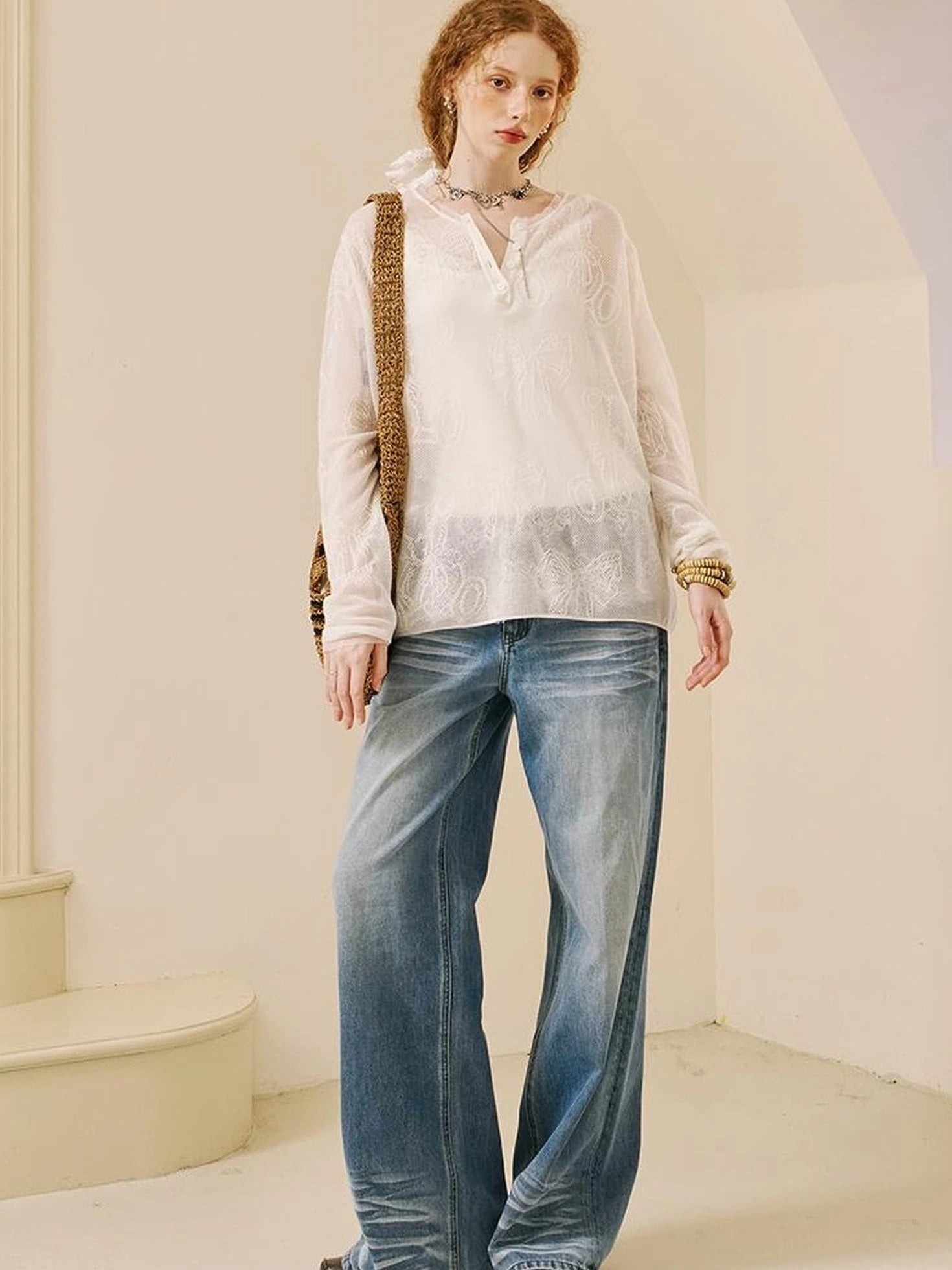 Vintage Washed Straight Jeans With 3 D Whisker Embroidery