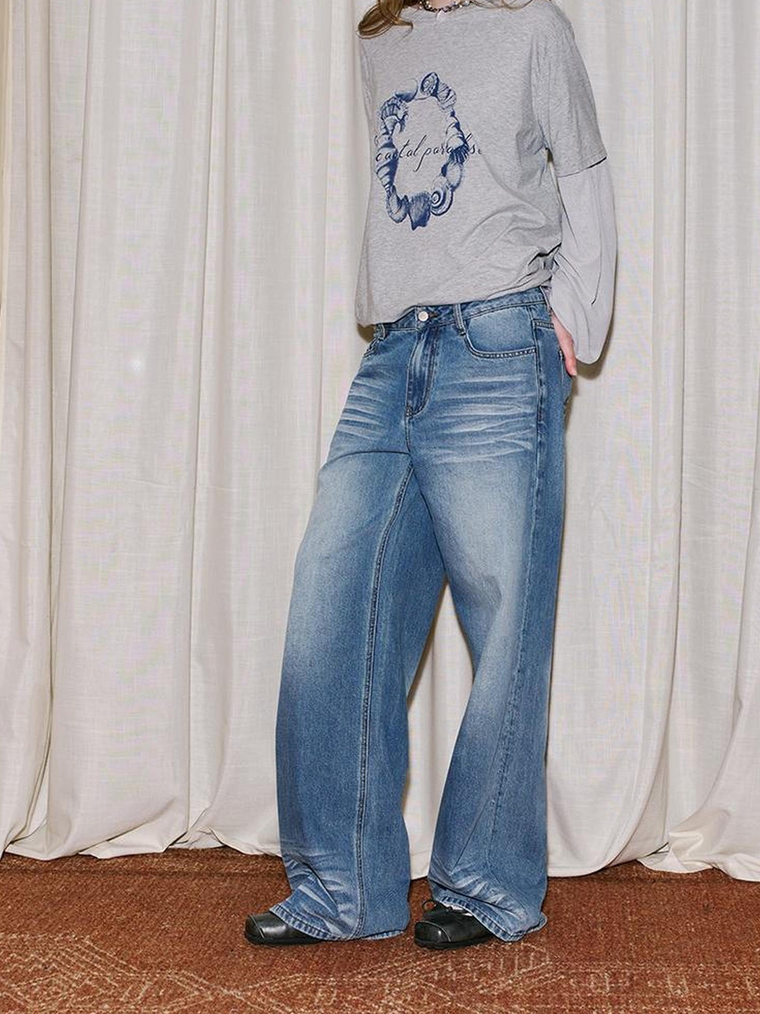 DIDDI MODA Vintage Washed Straight Jeans With 3 D Whisker Embroidery