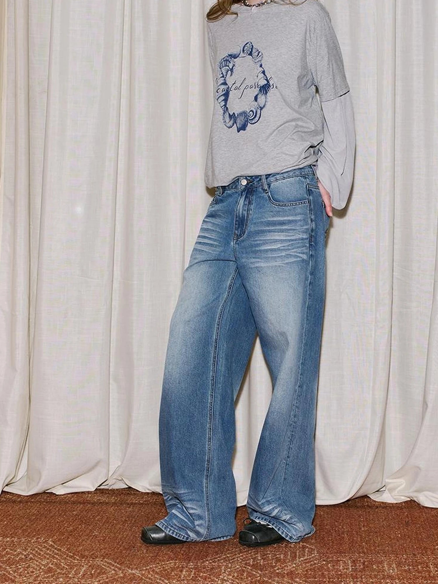 Vintage Washed Straight Jeans With 3 D Whisker Embroidery
