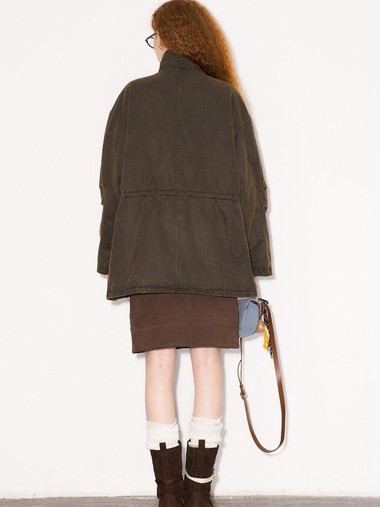 DIDDI MODA Vintage Washed Suede Bomber Jacket With Utility Pockets