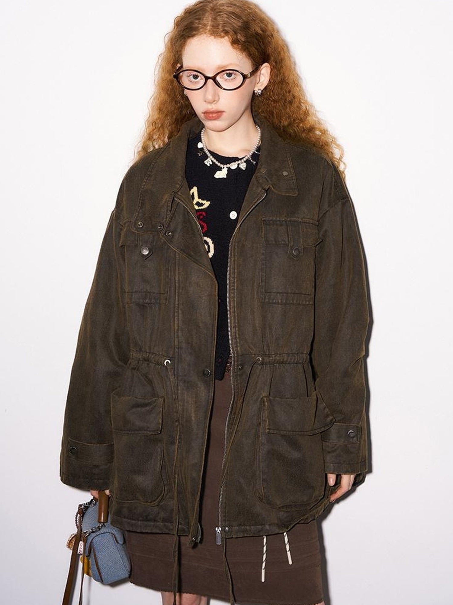 DIDDI MODA Vintage Washed Suede Bomber Jacket With Utility Pockets