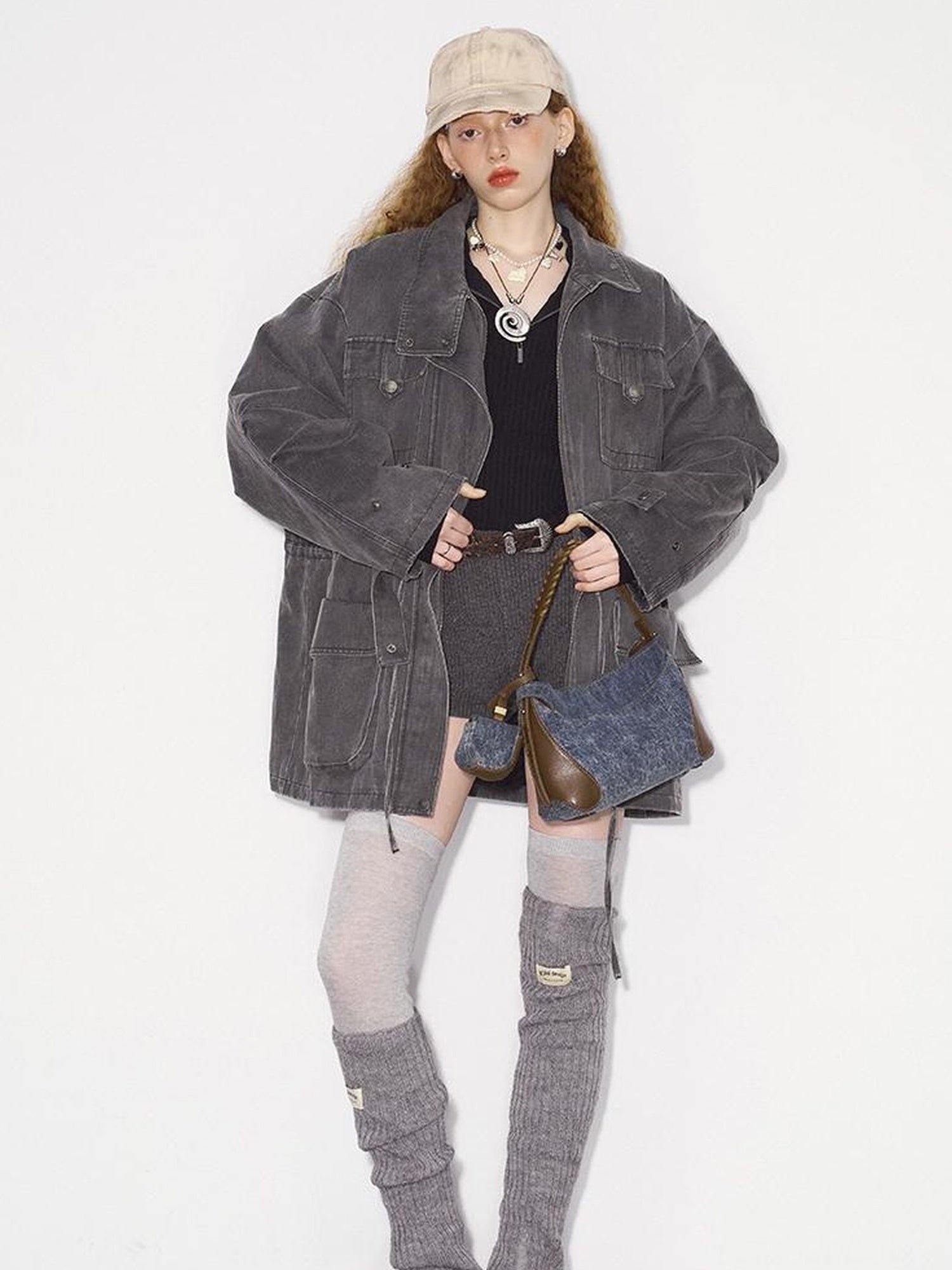 DIDDI MODA Vintage Washed Suede Bomber Jacket With Utility Pockets