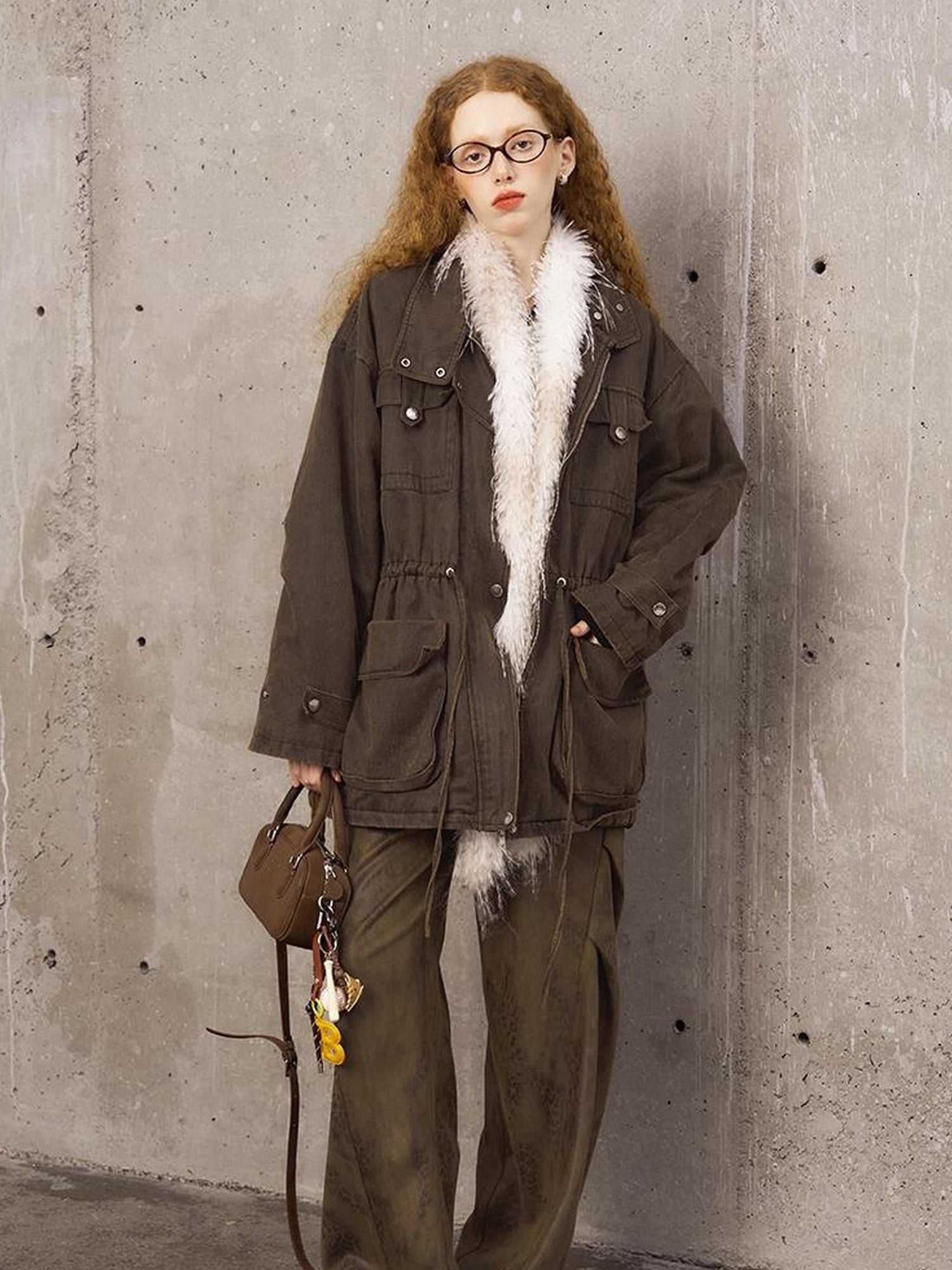 DIDDI MODA Vintage Washed Suede Bomber Jacket With Utility Pockets