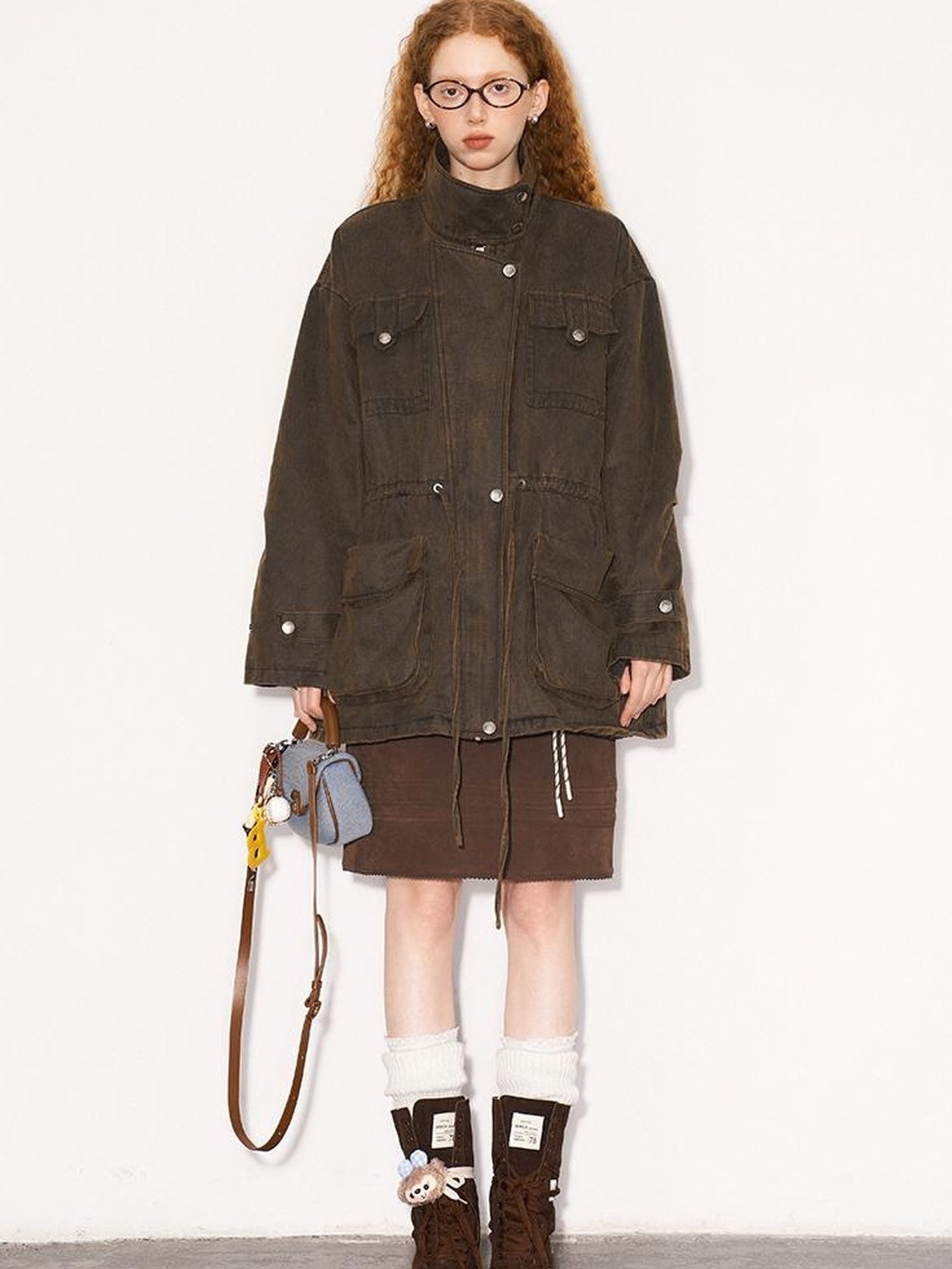 DIDDI MODA Vintage Washed Suede Bomber Jacket With Utility Pockets