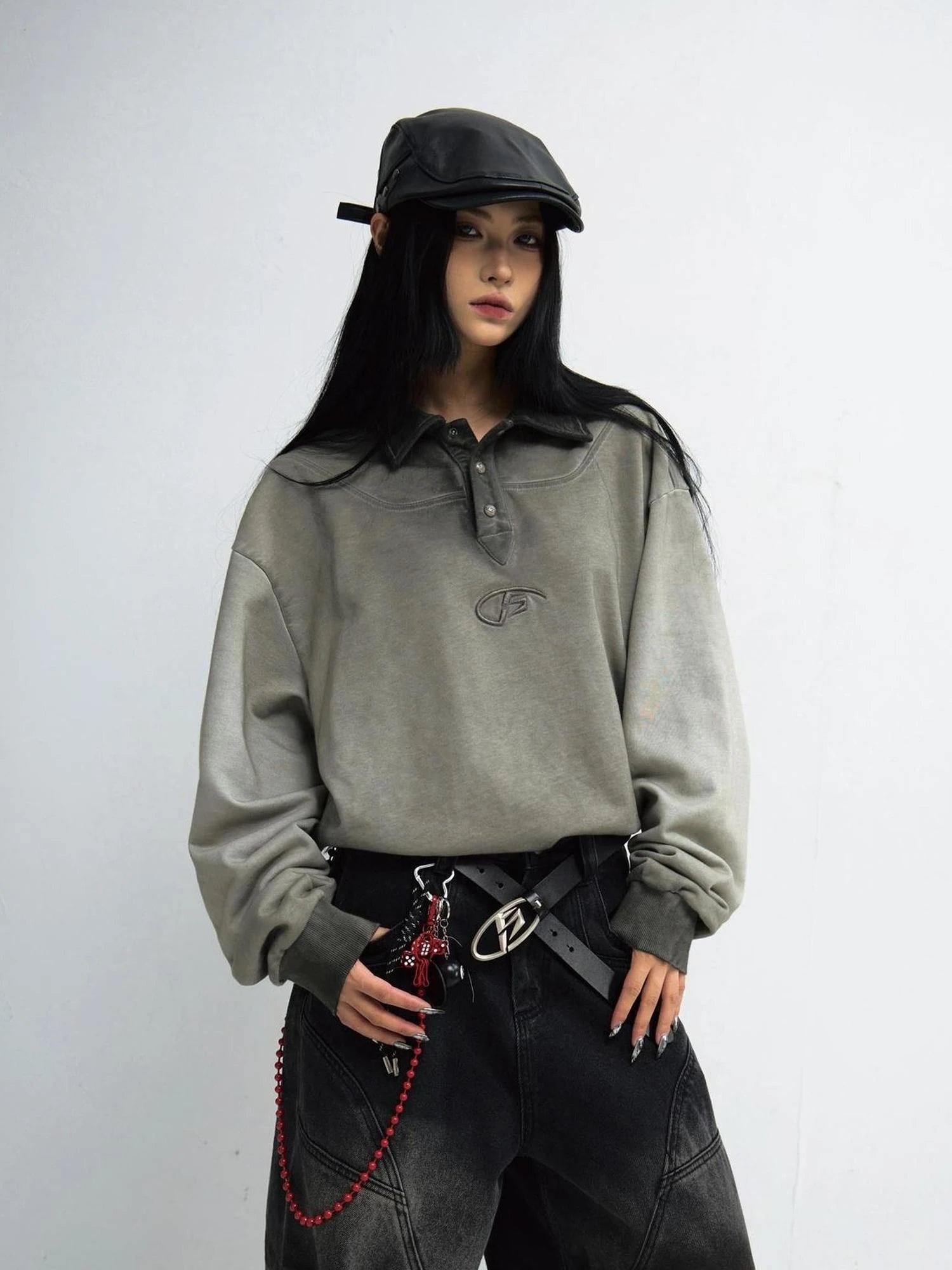 Vintage Washed Unisex Polo Collar Long Sleeve Tee