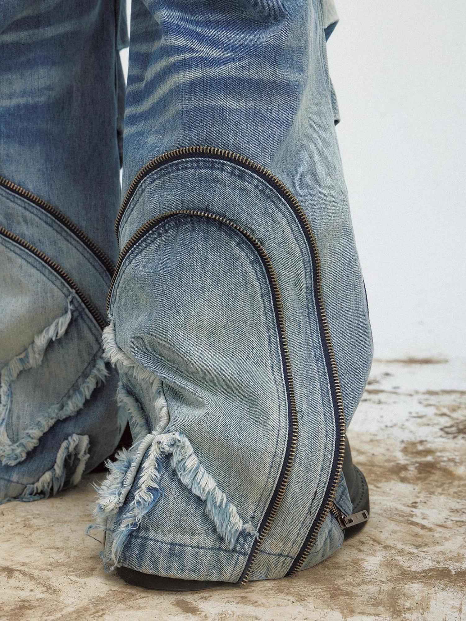 Peoplesense Vintage Washed Wide Leg Jeans With Asymmetrical Pleats