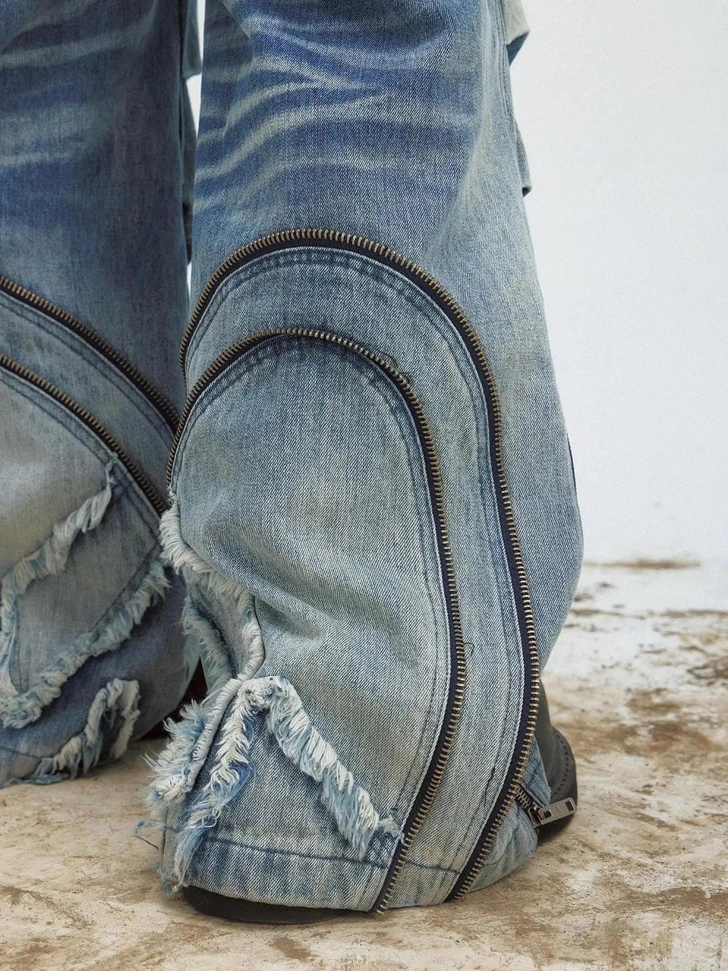 Vintage Washed Wide Leg Jeans With Asymmetrical Pleats