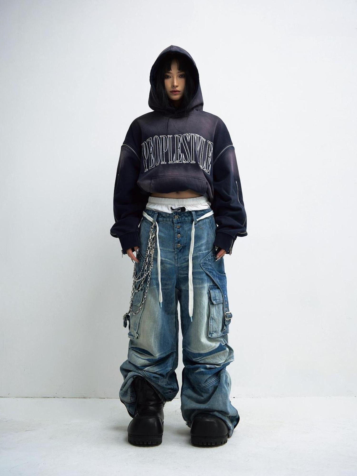 Peoplesense Vintage Washed Wide Leg Jeans With Asymmetrical Pleats