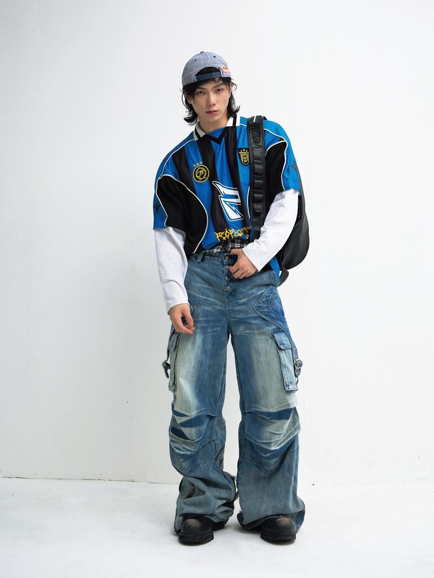 Peoplesense Vintage Washed Wide Leg Jeans With Asymmetrical Pleats