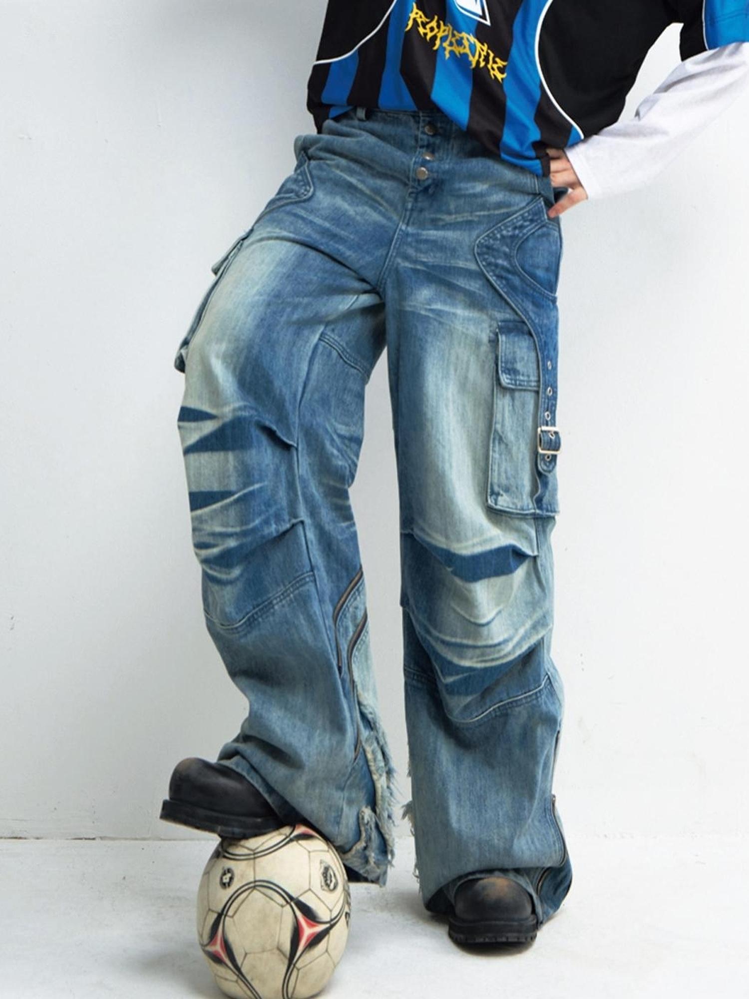 Peoplesense Vintage Washed Wide Leg Jeans With Asymmetrical Pleats