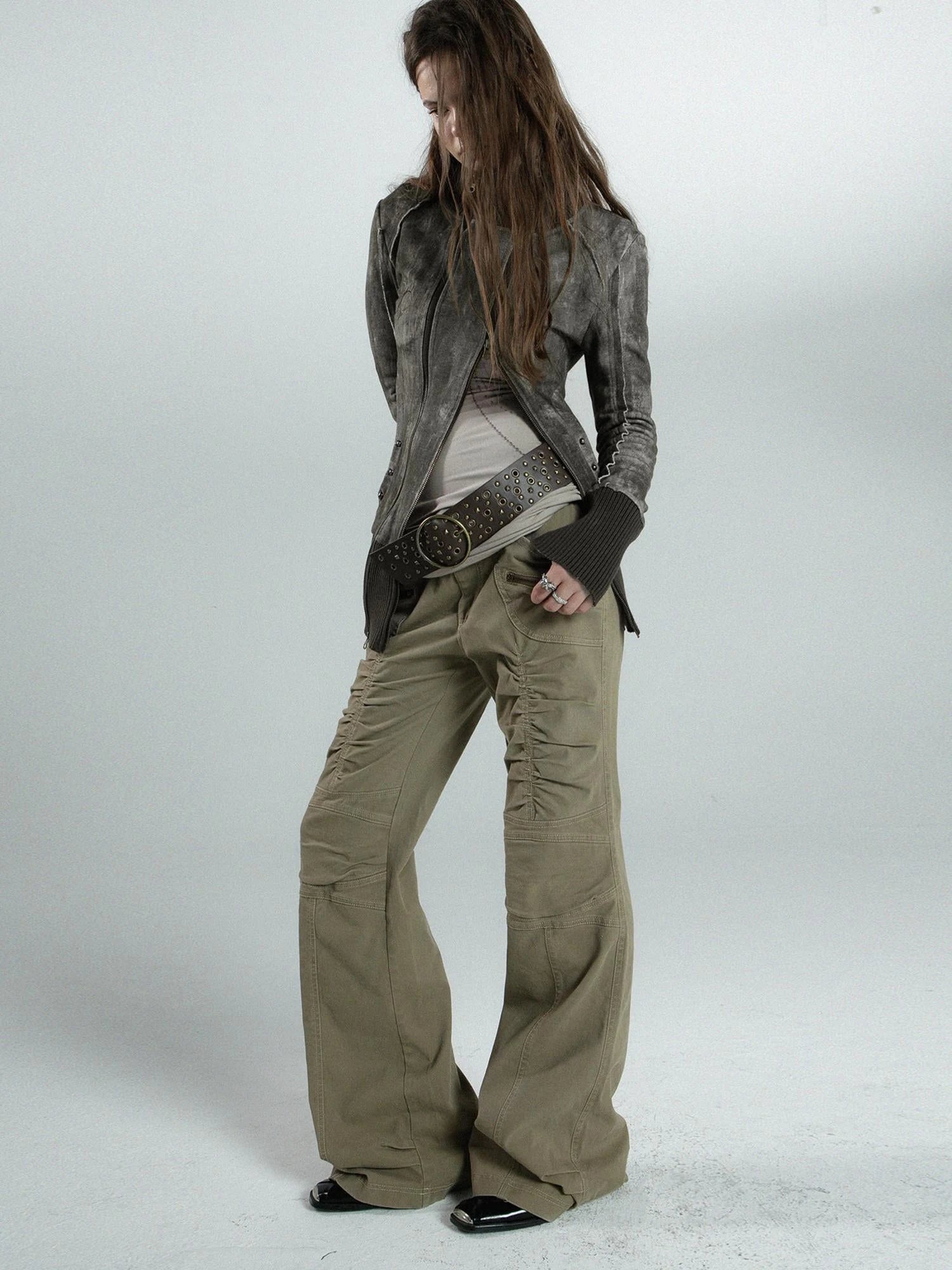 Vintage Washed Work Pants Flared Fit Mid Waist Four Seasons