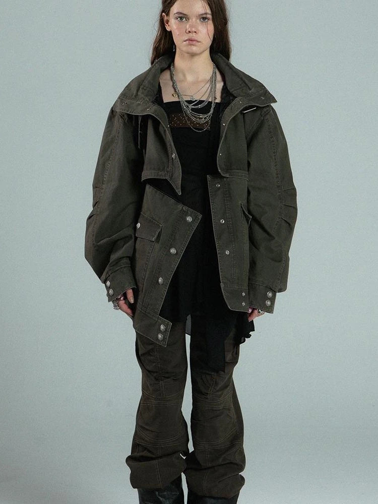 Vintage Washed Work Pants Flared Fit Mid Waist Four Seasons