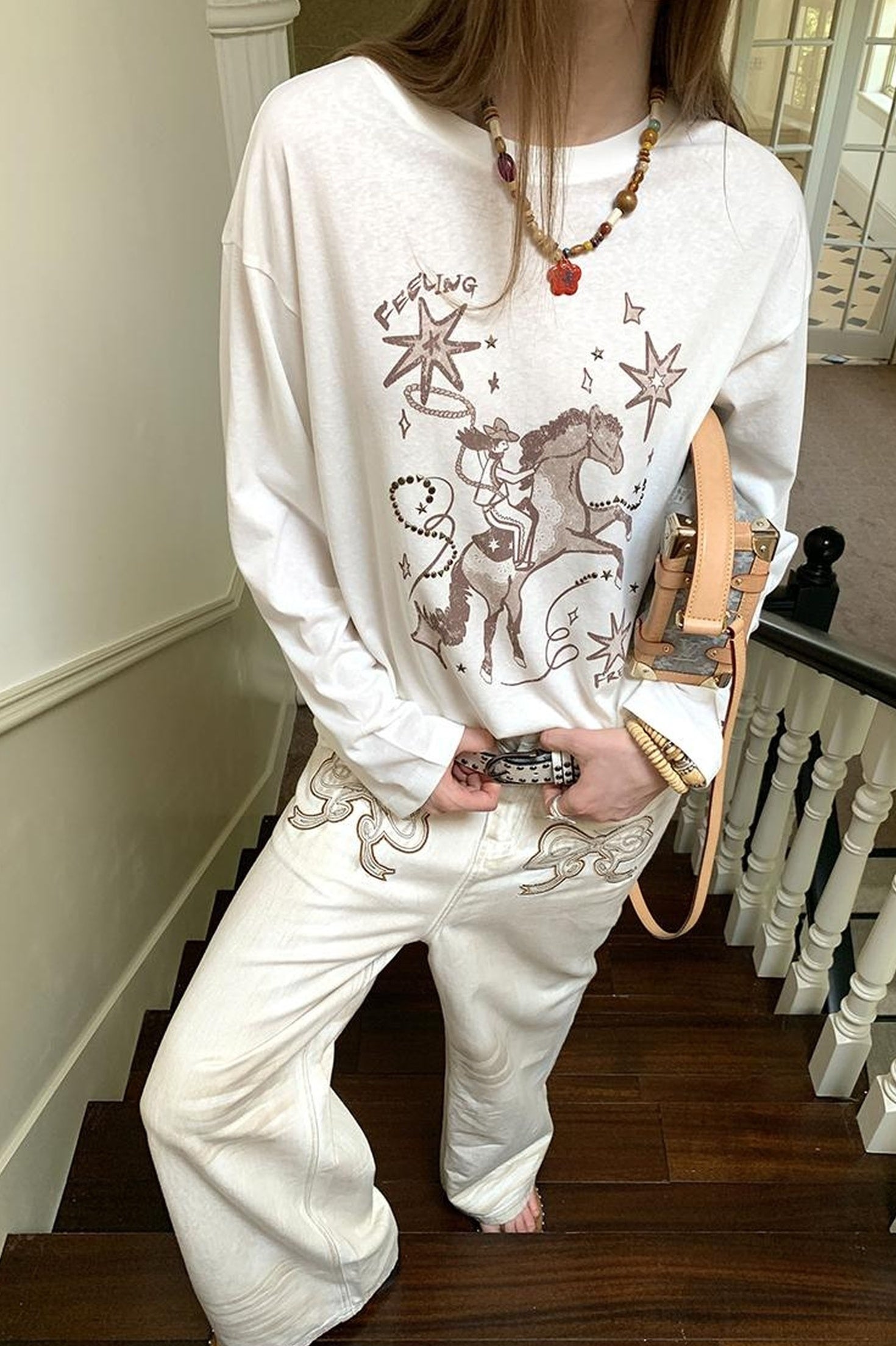 DIDDI MODA Vintage Western Cowboy Embellished Long Sleeve Tee